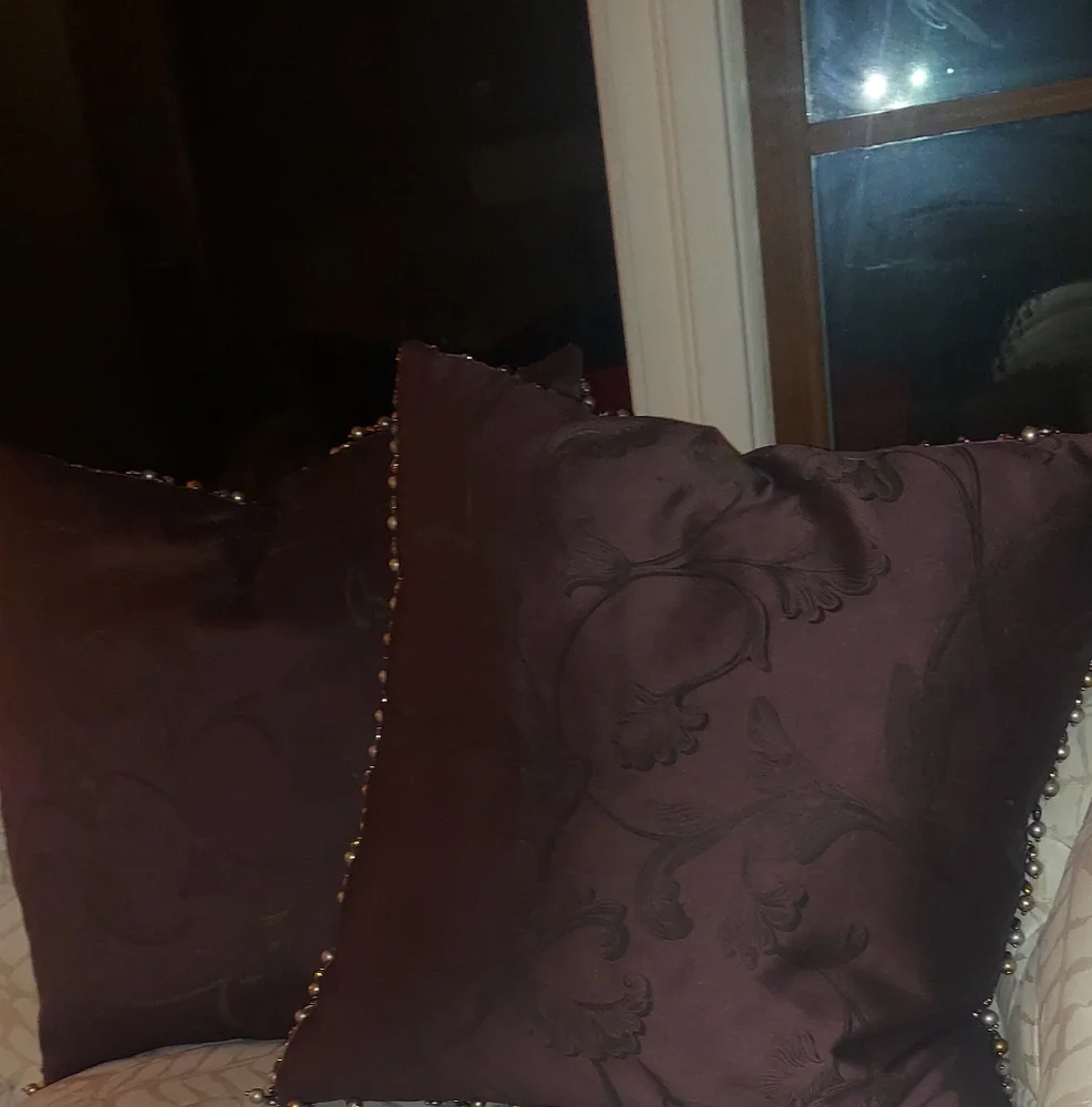 2 Pc Vintage Silk Chocolate Brown Floral Down Pearl Beaded Embellishment Pillows